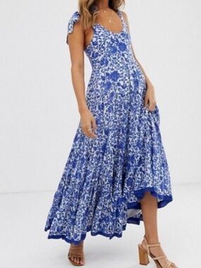Free People 🧿 NWT Kika’s Floral Tie-Shoulder Maxi Dress - Cobalt blue - Size Med